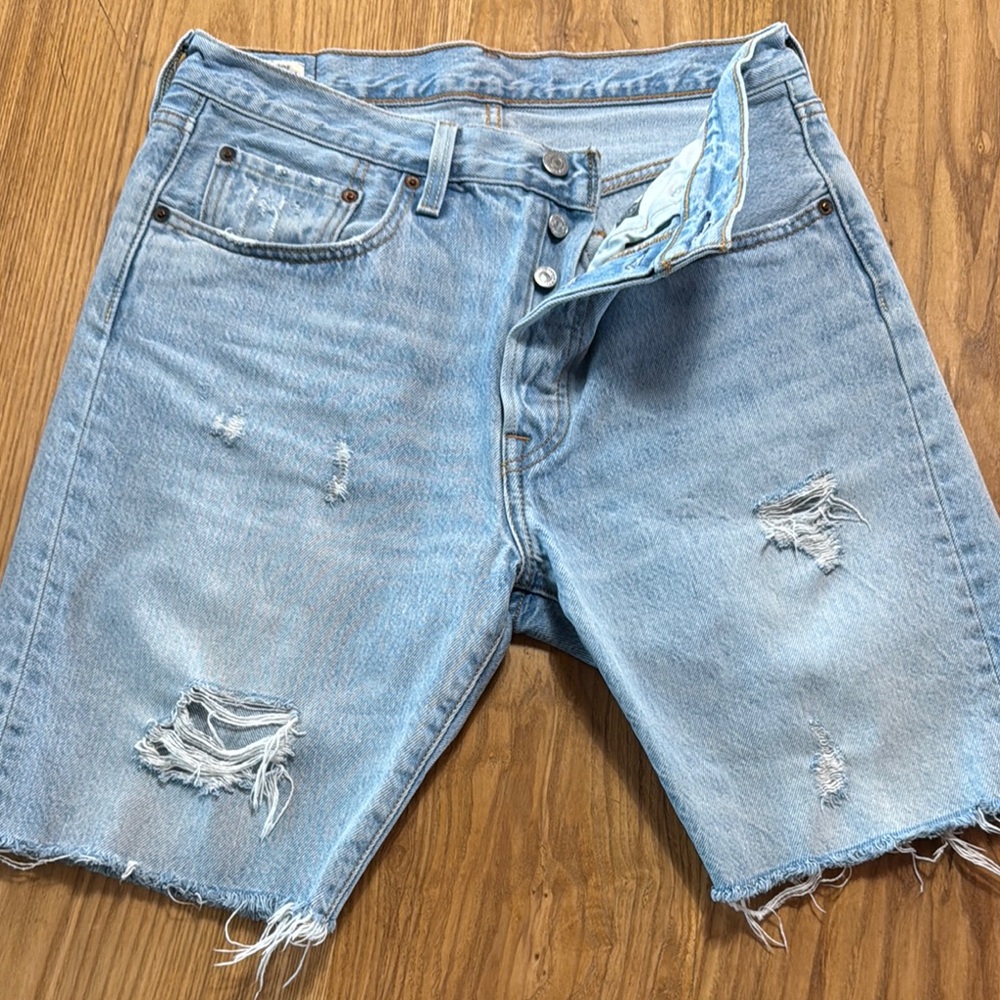 Levi's Blue Jean Shorts with Distressed Raw Hem